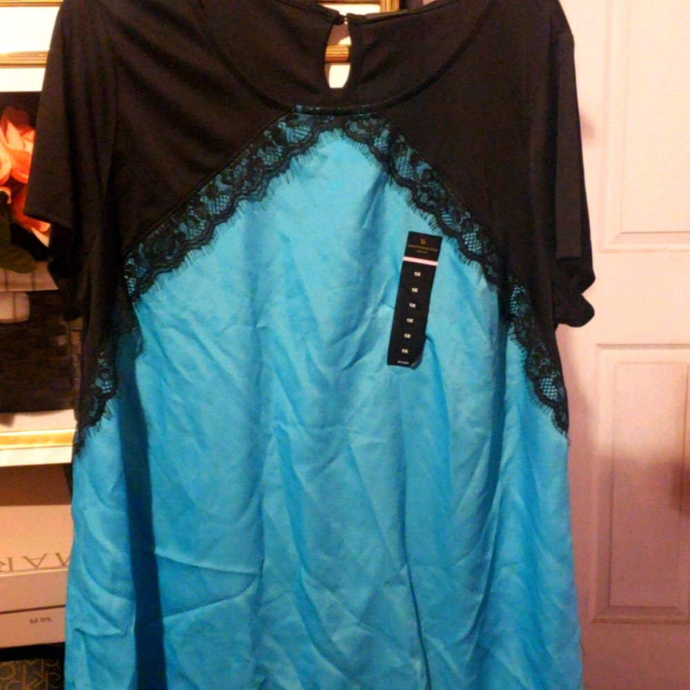 Worthington Blouse, Plus Size, Teal / Black Lace